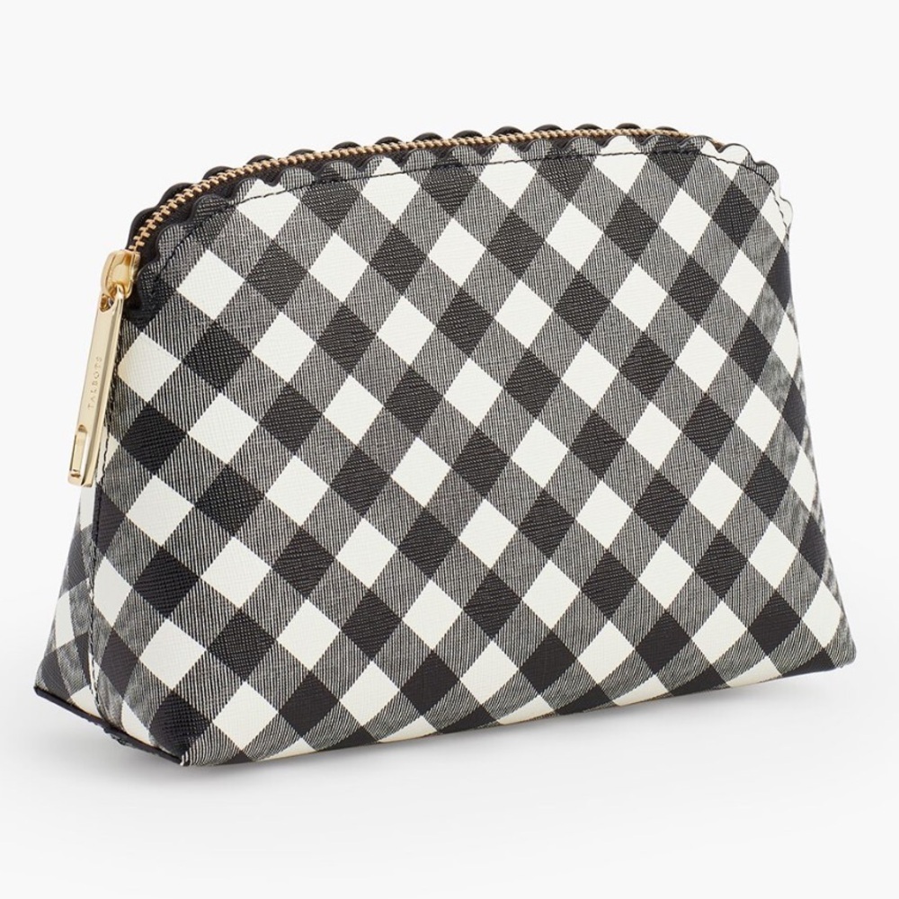 Talbots Cosmetic Makeup Bag Womens Black Cream Gingham Scallop Zipper Travel